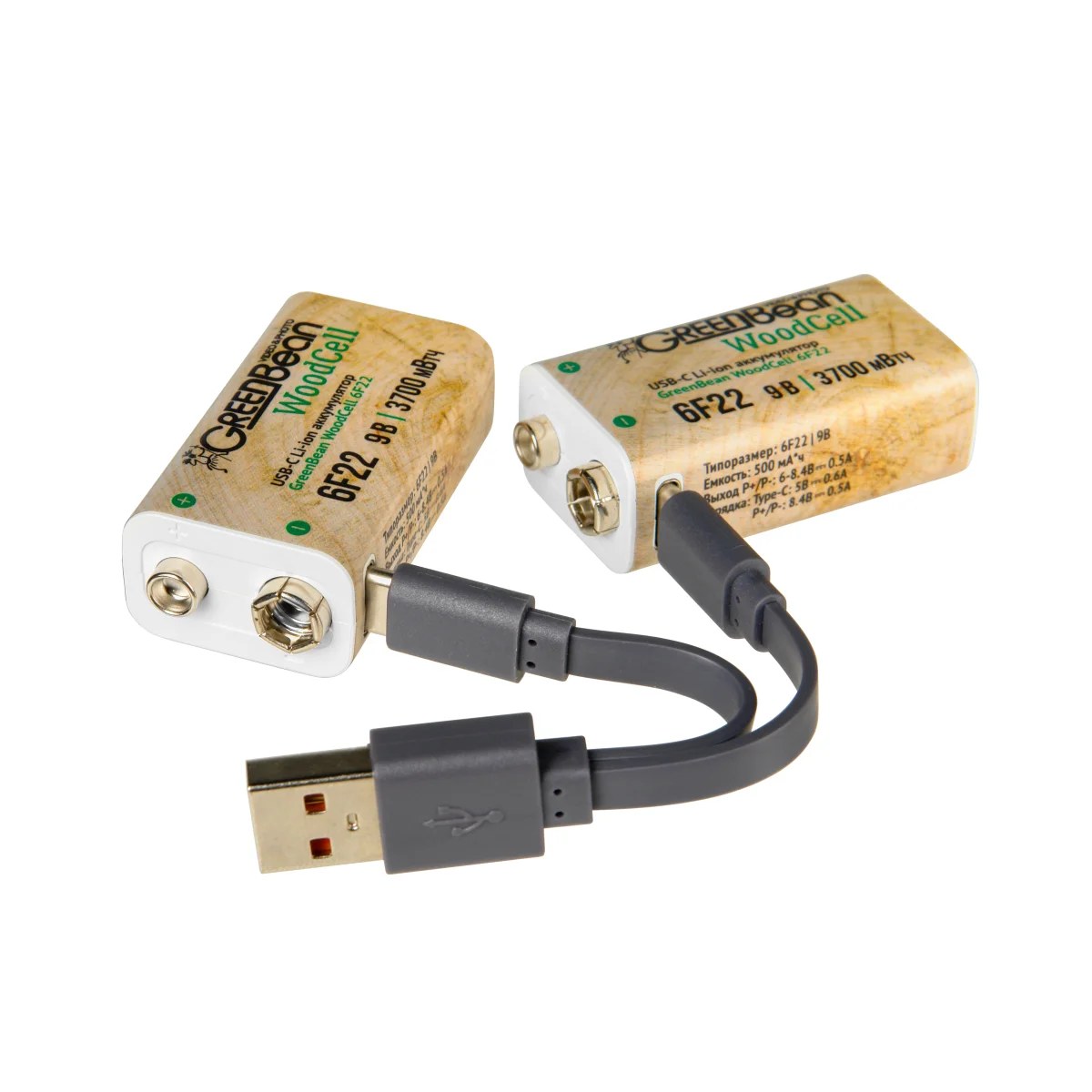 Аккумулятор GreenBean WoodCell 6F22 зарядка USB-C (набор 2 шт)